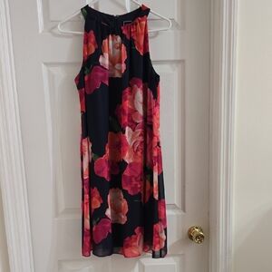 Floral Halter Shift Dress - Navy with Pink & Coral Blooms